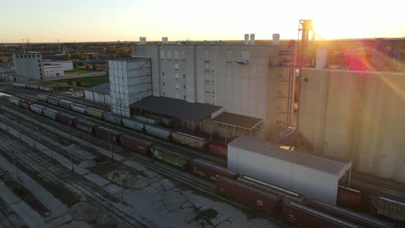 grain silos and storage, marshaling yard with multiple freight cars  in Kenosha Wisconsin