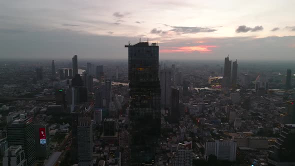 Aerial View of King Power Mahanakhon Tower in Sathorn Silom Central Business District of Bangkok alt