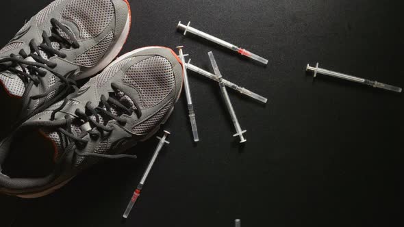 DOPING: Slow motion shot of Syringes fall near a sneakers