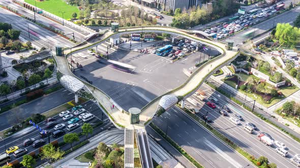 Timelapse of busy traffic road with modern office building in hangzhou china alt