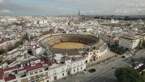 Plaza de Toros or bullring and cityscape, Seville in Spain. Aerial panoramic view
