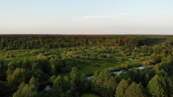 Flying Over Beautiful Country Side Landscape Woods and Rivers, on Sunset, Aerial Shot, Drone, View