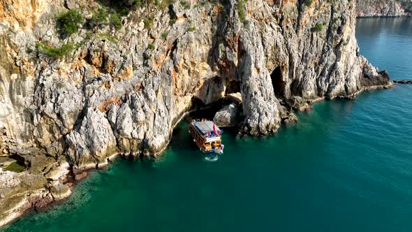 Fishermen fish far out to sea aerial view 4 K alt