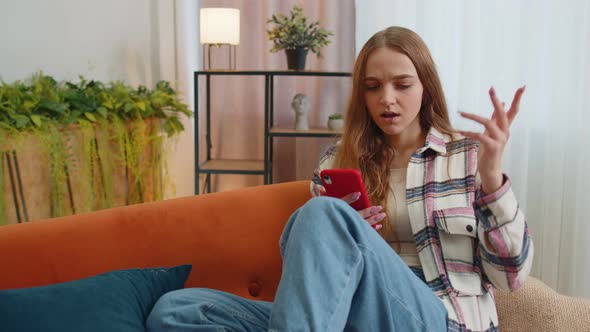 Sad Young Woman Use Mobile Cell Phone Browsing Loses Becoming Surprised Sudden Bad Lottery Results alt