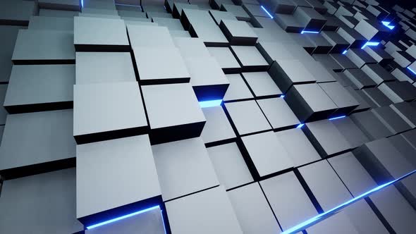 Metal grey cubic background with neon blue lights for background 4K alt