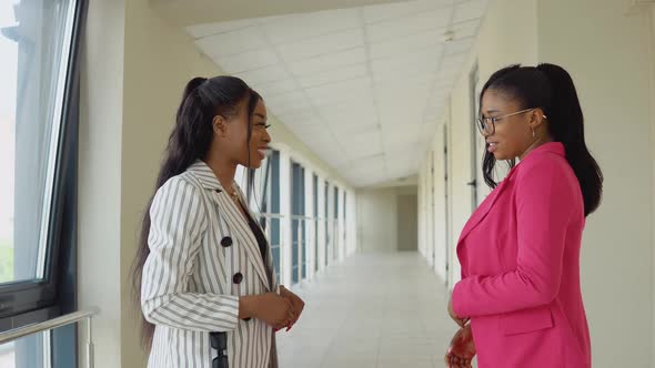 Two Glamorous African American Business Ladies in White Striped Suit and Pink Suit Having Fun alt