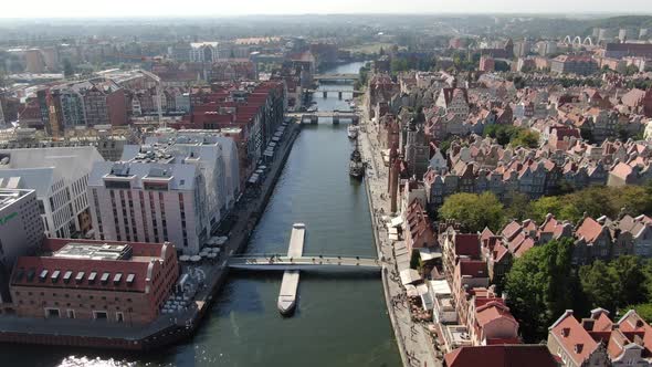 Flying over Motlawa river in Gdansk, Poland, Europe alt