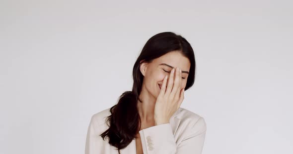 Young Healthy Brunette Woman Touching Smooth Skin on Face for Beauty Skincare alt