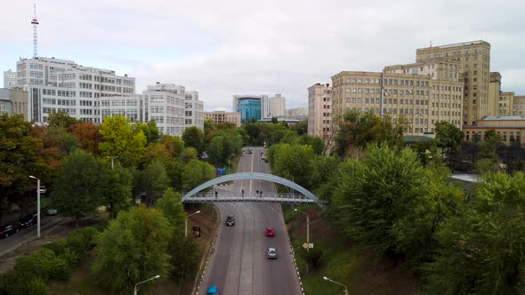 Autumn pedestrian bridge, Kharkiv city aerial