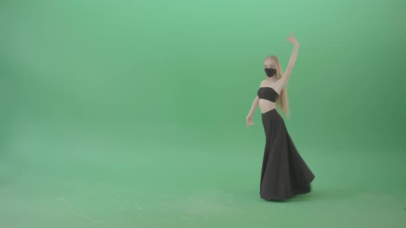 Blonde Ballet Girl In Black Dress And Mask Dancing Corona Virus Flamenco On Green Screen alt