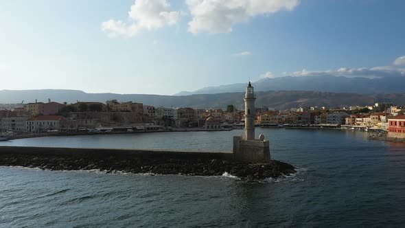 Aerial View of Lighthouse of Chania City, Crete, Greece. Lighthouse of Chania at Summer Sunset