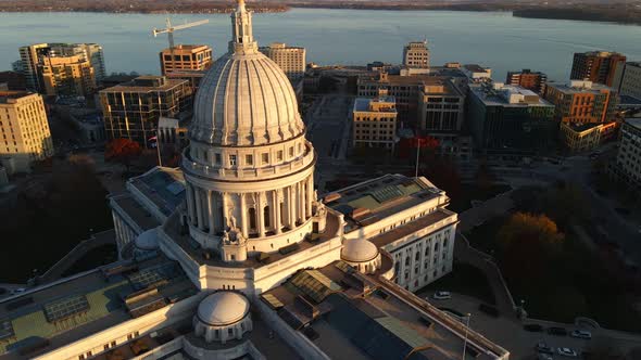 golden hour madison state capitol architecture city in wisconsin aerial footage alt