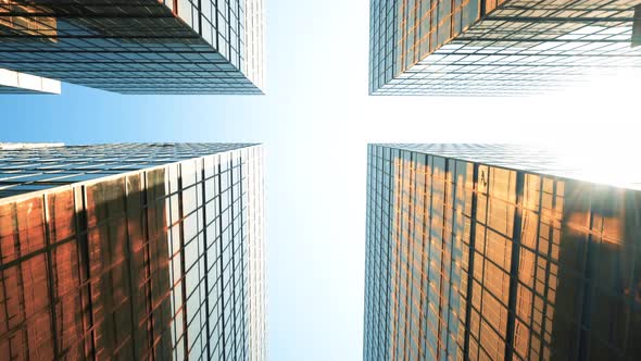 POV View of Skyscraper Buildings in the City. Modern Financial Business District  alt
