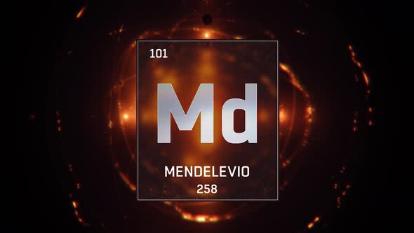 Mendelevium as Element 101 of the Periodic Table on Orange Background in Spanish Language
