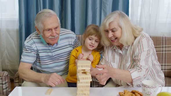 Senior Couple Grandparents with Child Kid Granddaughter Playing Game with Wooden Blocks at Home alt