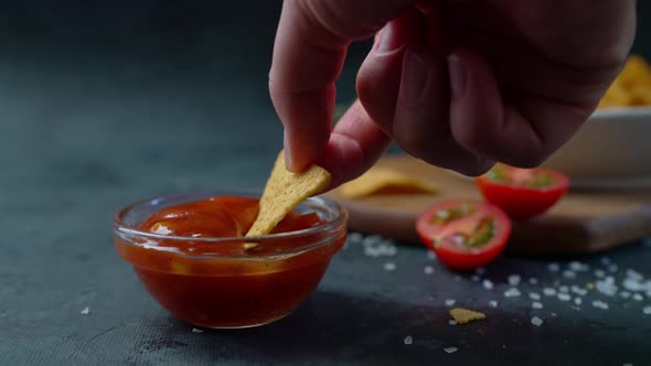 Hand Dipping Tortillas Chips in Salsa Sauce