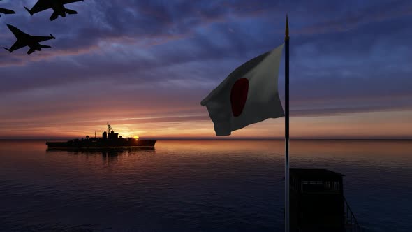 Waving Japanese Flag Warship and Passing Warplanes alt