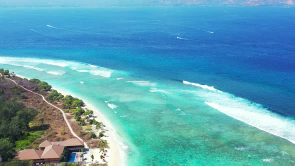 Natural Drone Travel Shot of A Sandy White Paradise Beach and Turquoise Sea Background alt