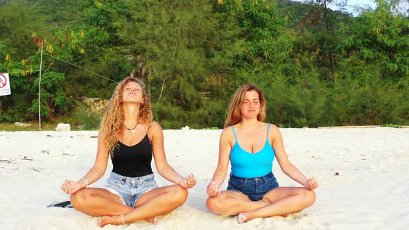 Pretty Beauty Models Relaxing Having Fun on The Beach on Sunny Blue and White Sand alt
