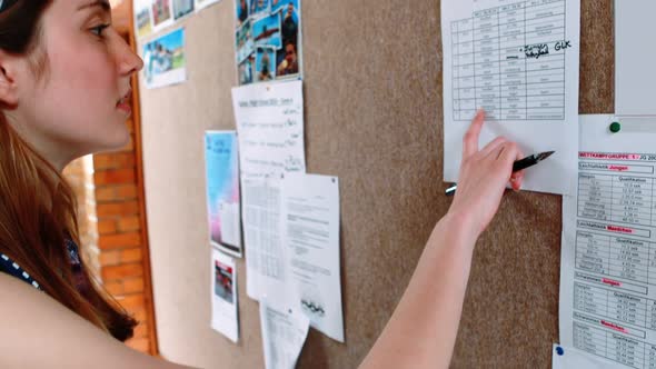 Smiling schoolgirl reading notice board in corridor alt