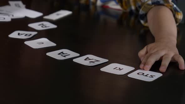 Mom teaches her son how to say the words on the cards at home at the table alt