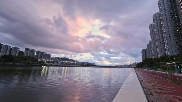 4K Timelapse of Sunrise in Shatin Shing Mun River in Hong Kong alt