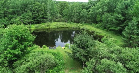 Drone baks up and rises to reveal the treeline of the Catskill mountains near Walton New York. alt