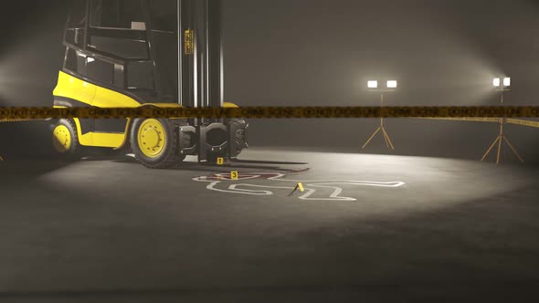 Warehouse forklift operator accident. Crime scene. Zooming in animation. alt