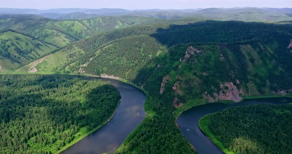 Flight Over the Taiga the River Flows Among the Mountains alt