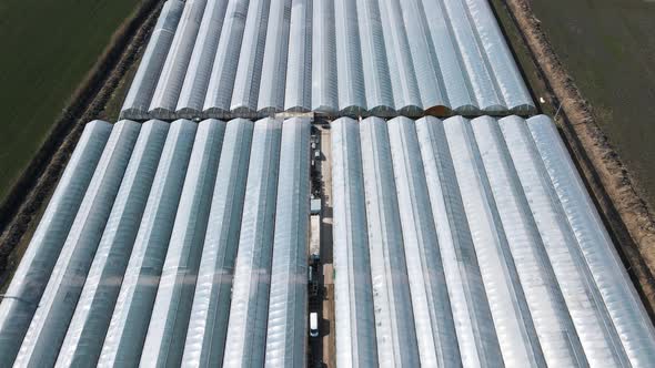 Aerial View of a Greenhouses Lined Up in Row alt