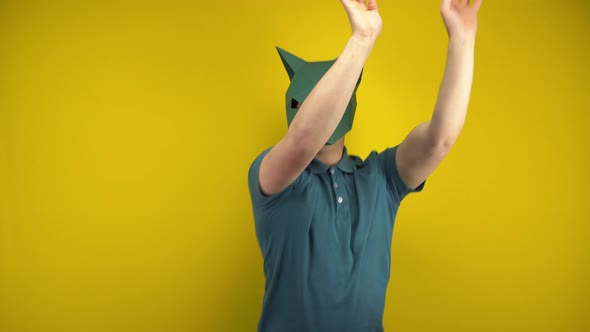 Young Man in a Cardboard Jackal Mask Dances on a Yellow Background. Man in a Green Polo and Mask. alt