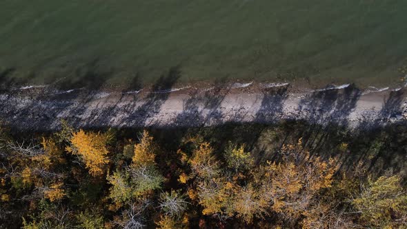 Top down aerial view of Buffalo lake's shoreline. Slowly forwarding droneement then gimbal up reveal alt