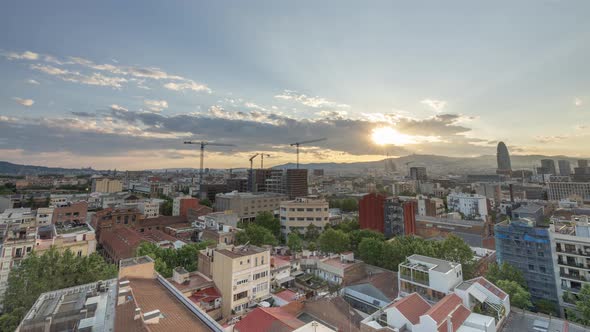 Barcelona Skyline Timelapse at Sunset alt