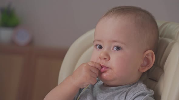 Toddler independently eats spaghetti with his hands while sitting on a feeding chair. close-up alt