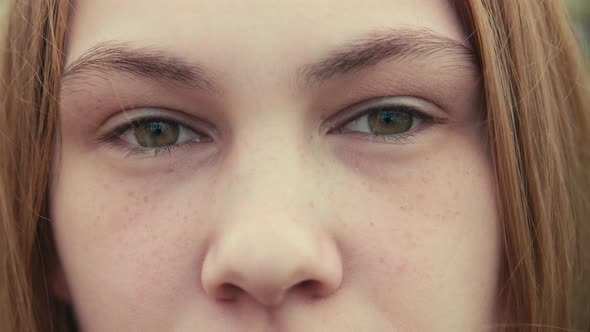 Close up of Woman’s Face, Girl with Beautiful green Eyes. Natural Beauty with Freckles. alt
