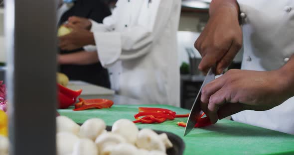 Midsection of diverse group of chefs cutting vegetables in restaurant kitchen alt