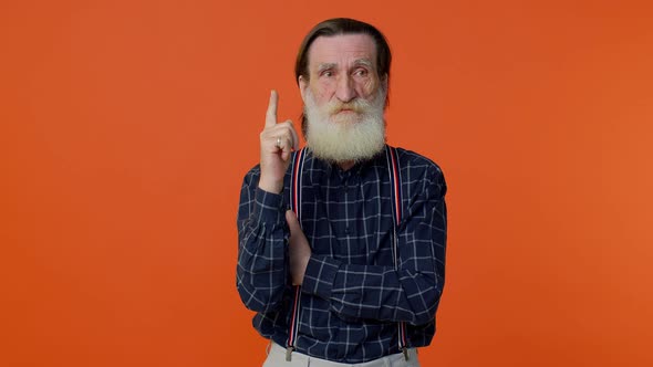 Inspired Mature Old Bearded Grandfather Pointing Finger Up Showing Eureka Gesture Good Idea alt