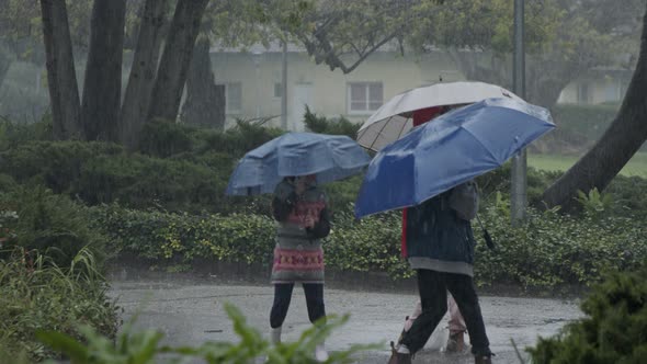 Kids in the pouring rain having fun jumping with umbrellas - slow motion alt