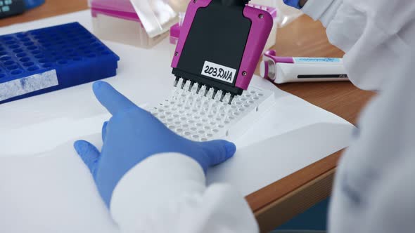Scientist using a multichannel Pipette to collect samples in a chemistry lab alt