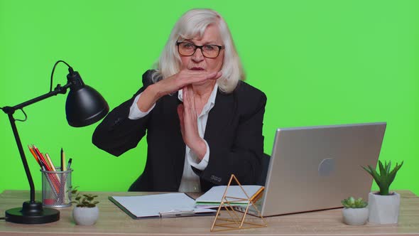 Tired Serious Upset Senior Businesswoman Showing Time Out Gesture Limit or Stop Sign No Pressure alt