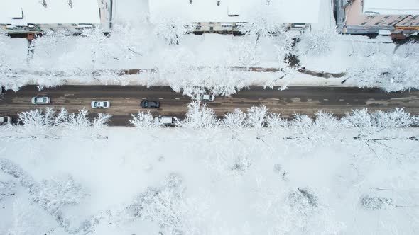 Aerial Top Down View of Snowy City Asphalt Road Landscapes in Winter alt