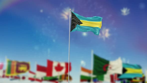 Bahamas Flag With World Globe Flags And Fireworks alt