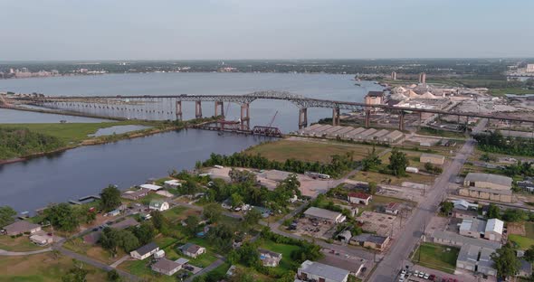 Aerial of cars traveling over the Calcasieu River Bridge in Lake Charles, Louisiana alt
