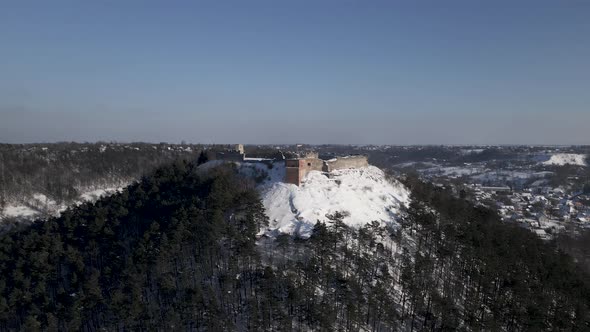 Aerial Drone View of the 13Thcentury Medieval Kremenets Castle in a Territory of Ukraine Country