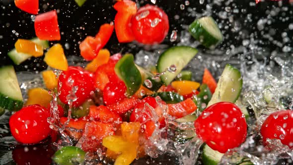 Super Slow Motion Shot of Colorful Vegetables Falling Into Water on Black Background at 1000Fps alt