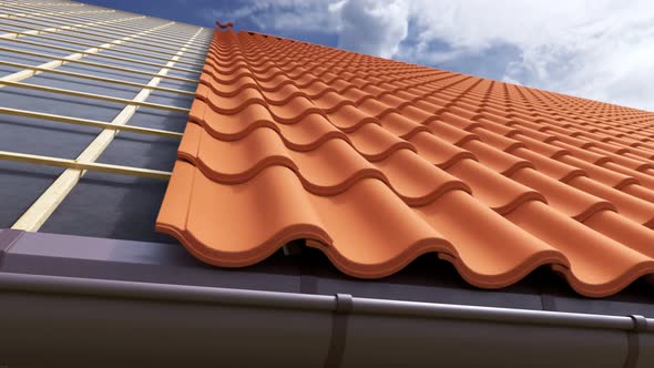 Loopable animation of a house with the clay tiled roof being gradually built alt