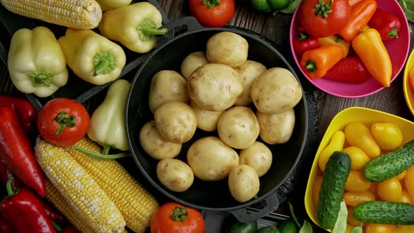 Set of Different Fresh Raw Vegetables in the Wooden Tray Wood Background Top View alt