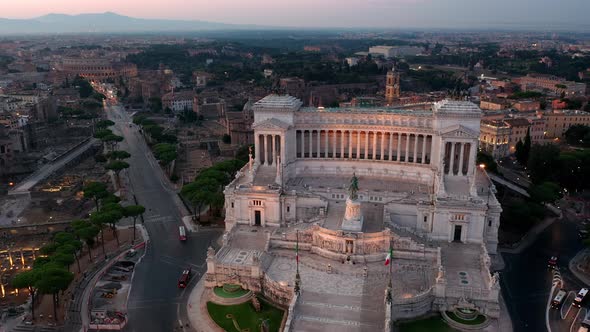 The altar of the Fatherland in Rome. Aerial shot with drone