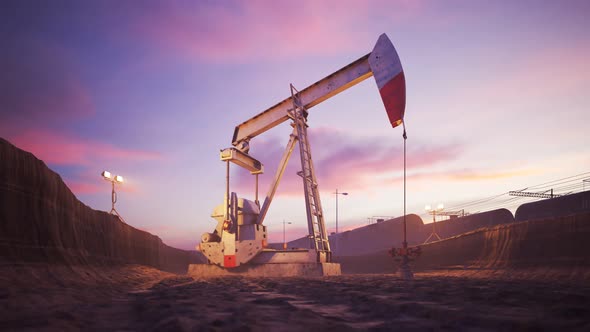 Pumpjack working in the flooded excavation. Crude oil pumping animation. 4K HD alt