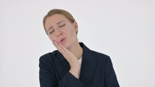 Young Businesswoman Having Toothache Cavity on White Background alt